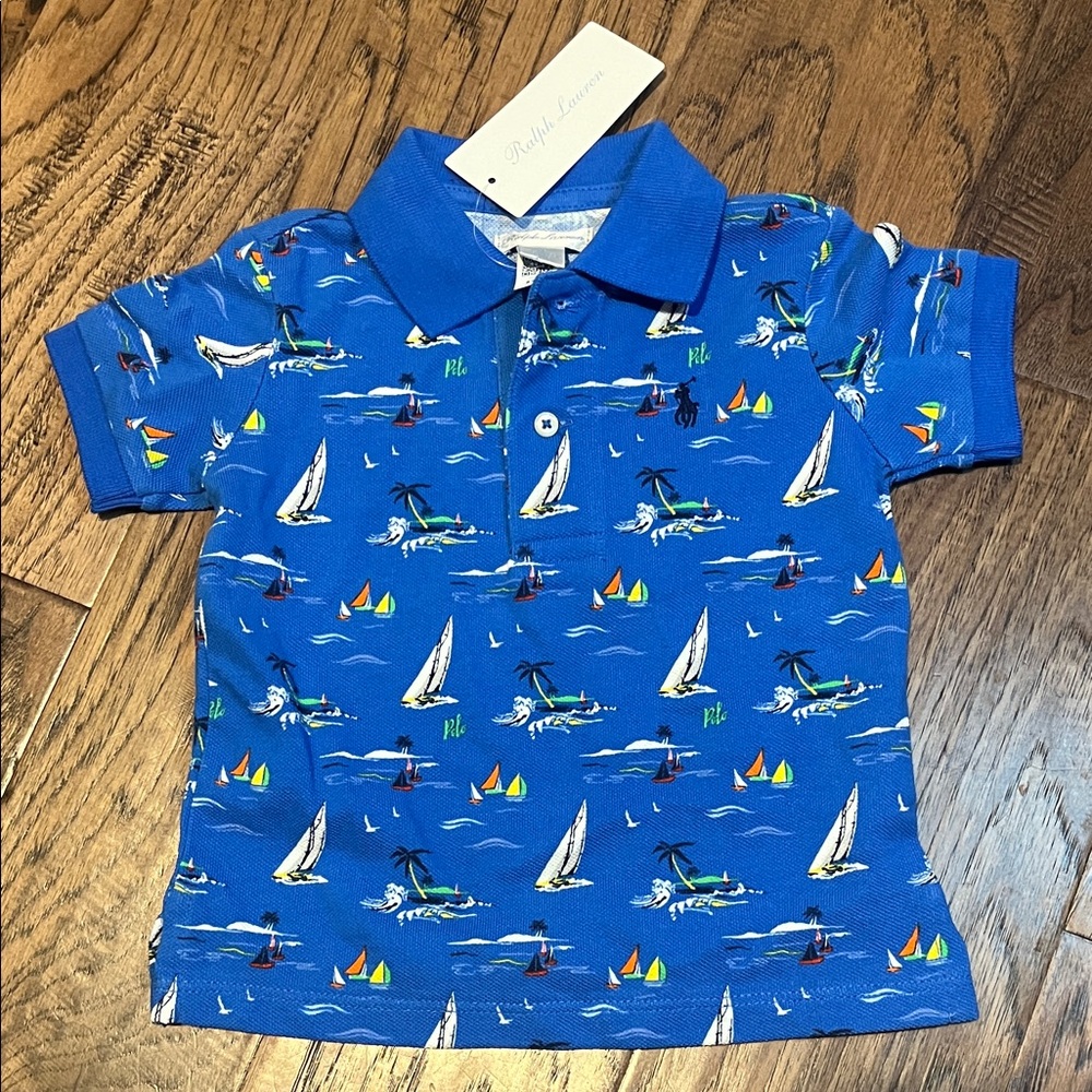 NWT Ralph Lauren Baby Boys Blue Sailboat Print Polo size 12M